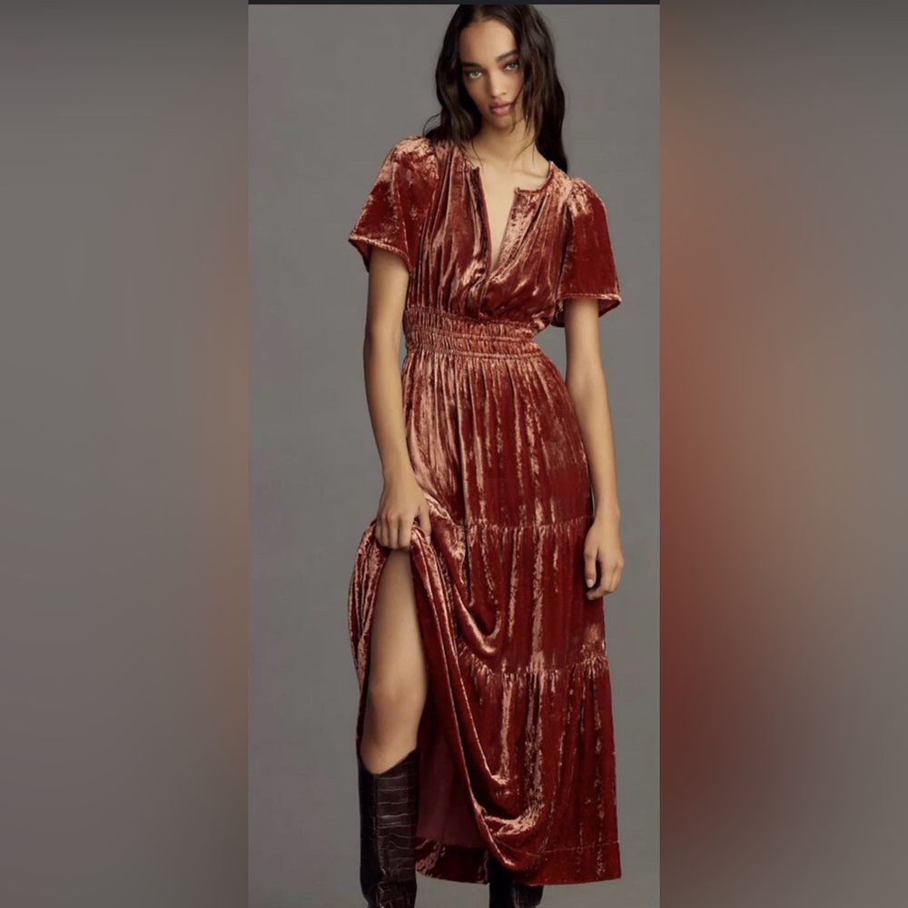 Anthropologie Velvet Midi Dress in Rust